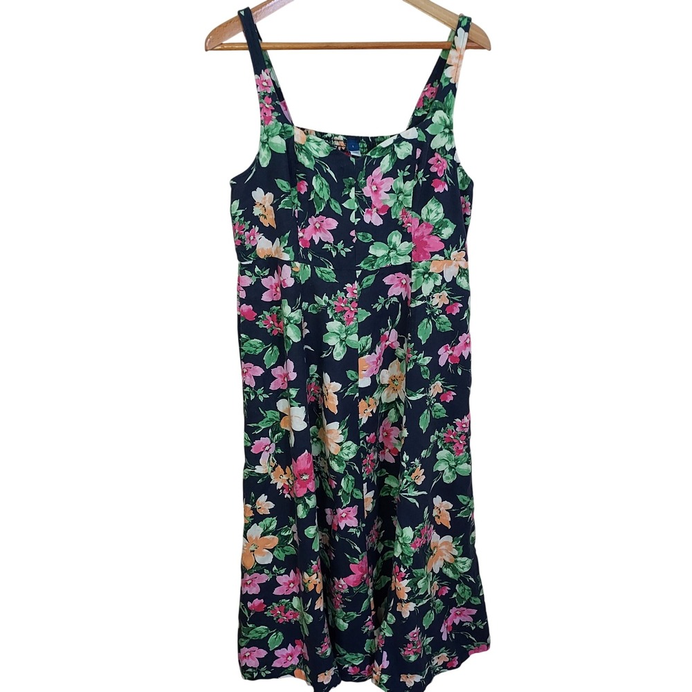 Old Navy Notch Neck Floral Linen Blend Maxi Dress Navy Blue Pink L Cottage Farm